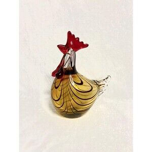 Vintage Murano Hand Blown Glass Chicken Hen Rooster Figurine Black Red Yellow